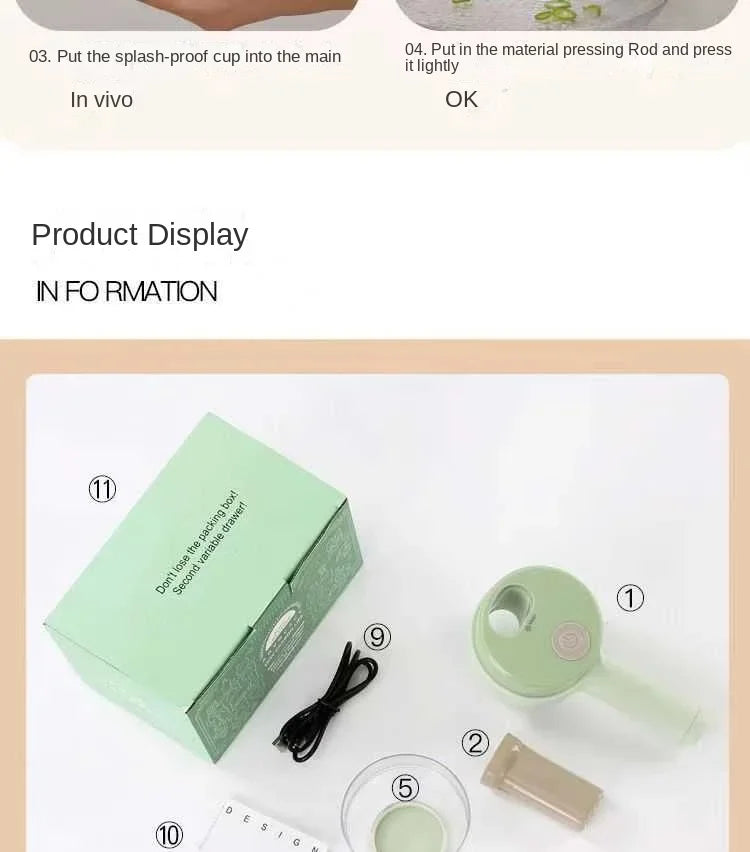 Handheld Electric 4-in-1 Vegetable Cutter Slicer - Stainless Steel Kitchen Accessory for Garlic Pepper Celery Ginger Meat with Brush