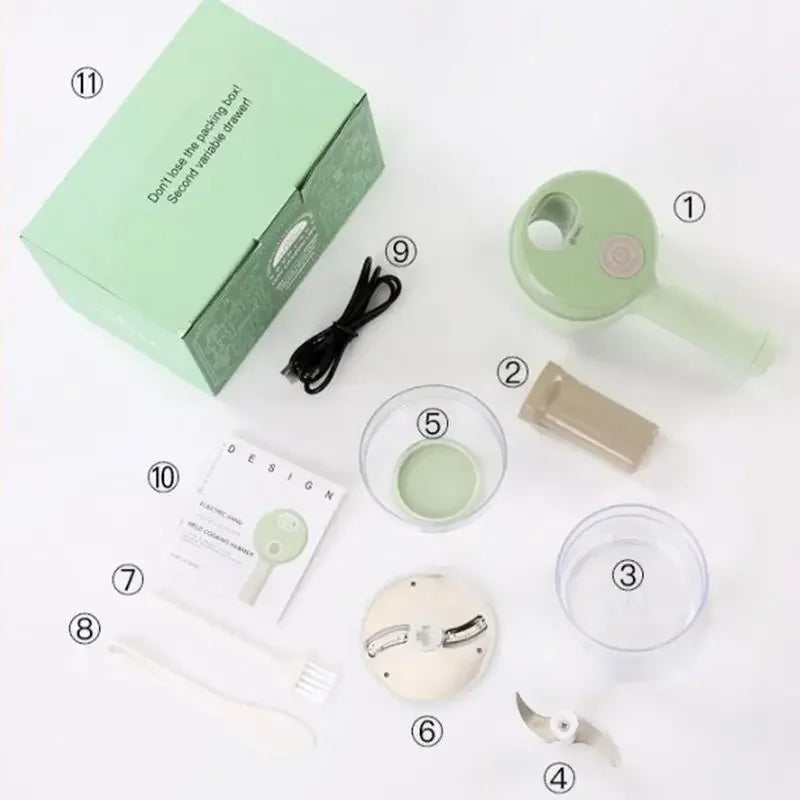 Handheld Electric 4-in-1 Vegetable Cutter Slicer - Stainless Steel Kitchen Accessory for Garlic Pepper Celery Ginger Meat with Brush