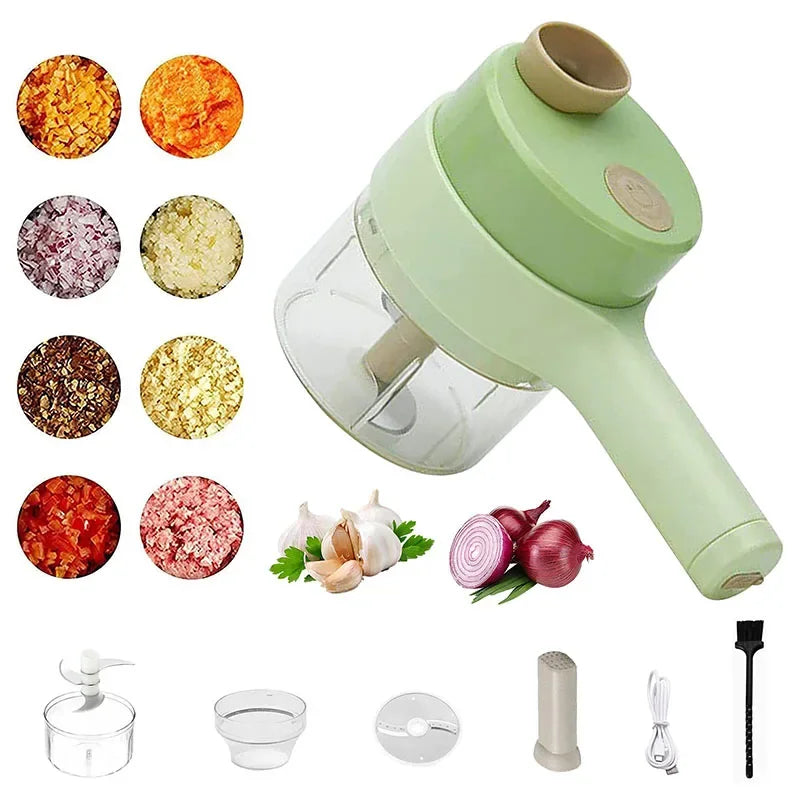 Handheld Electric 4-in-1 Vegetable Cutter Slicer - Stainless Steel Kitchen Accessory for Garlic Pepper Celery Ginger Meat with Brush