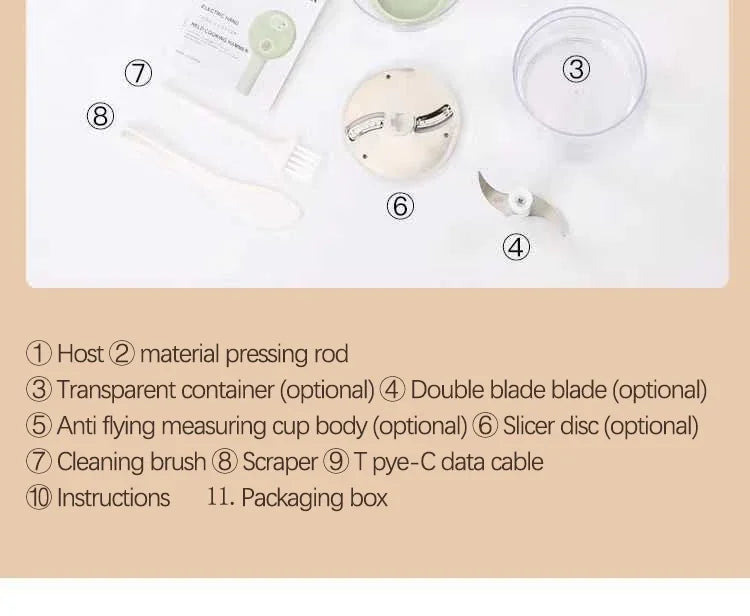 Handheld Electric 4-in-1 Vegetable Cutter Slicer - Stainless Steel Kitchen Accessory for Garlic Pepper Celery Ginger Meat with Brush